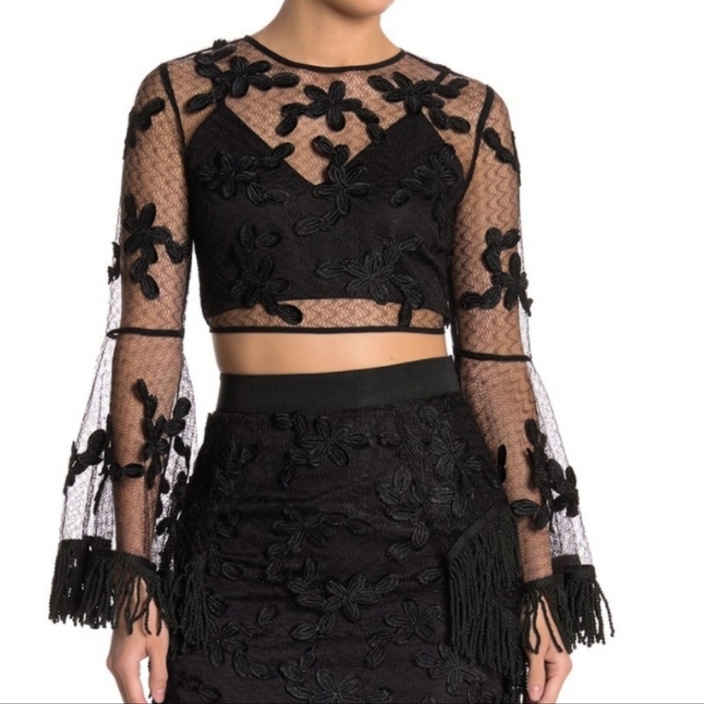 Anthropologie Endless Rose Black Lace Floral Embroidered Fringe Sleeves Crop Top - Picture 1 of 15